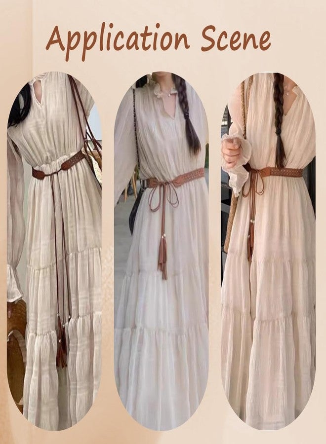 CALFOVERA Bohemian Tassel Waistband 66.54 x 1.12 Inch PU Leather Vintage Hollow Braided Belt Boho Knotted Waist Belt with Wax Rope Western Ethnic Macrame Waisbands for Women Dress Skirt (Saddle Brown) - Image 4